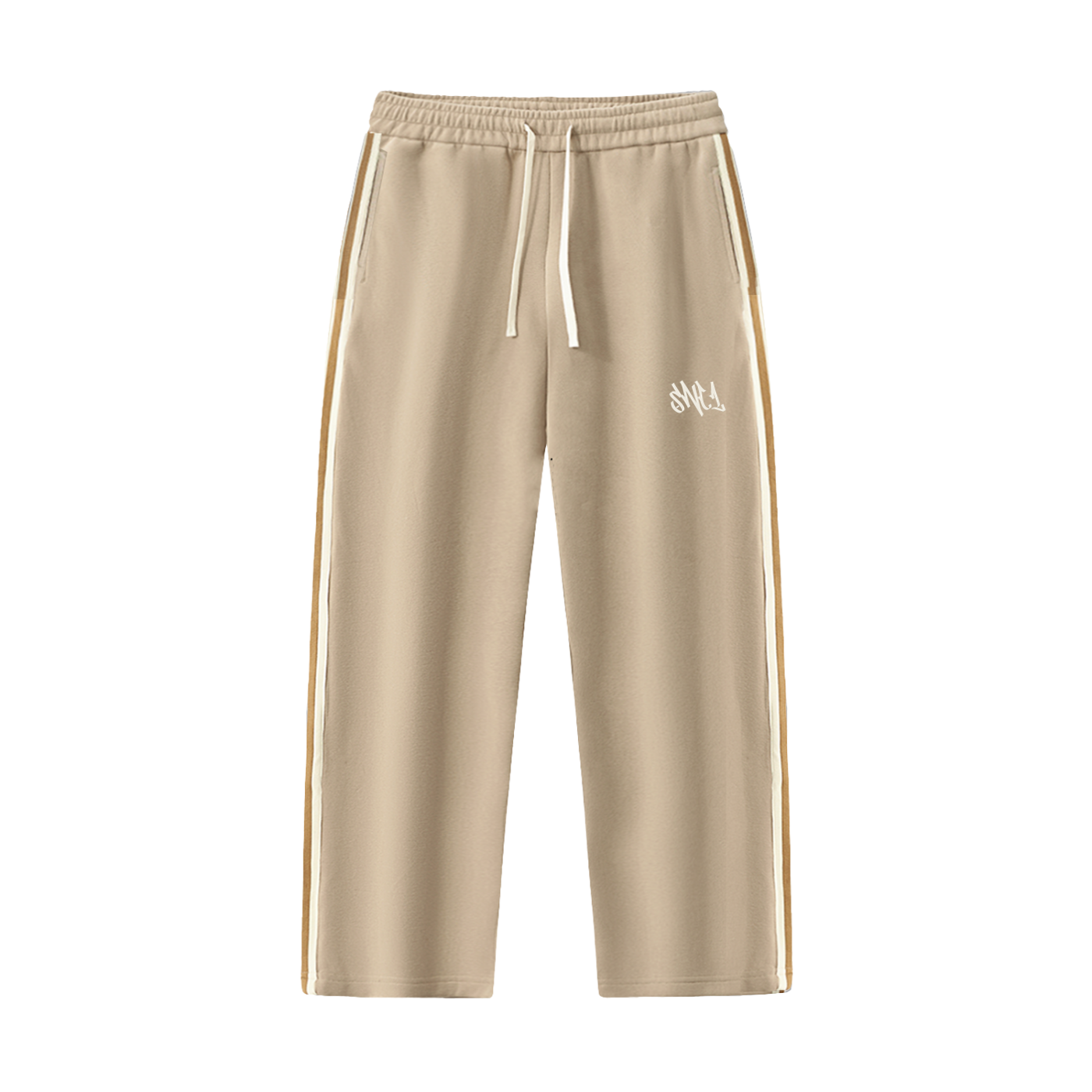 Beige Side-Stripe Straight-Leg Pants