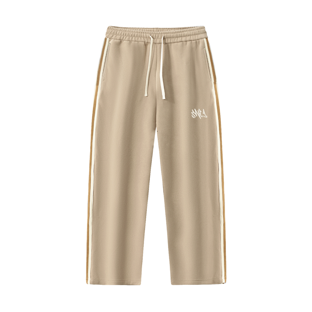 Beige Side-Stripe Straight-Leg  Pants